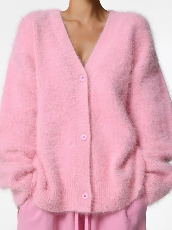 Long Sleeves Loose Buttoned Solid Color V-Neck Cardigan Tops - Image 7