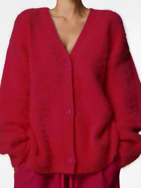 Long Sleeves Loose Buttoned Solid Color V-Neck Cardigan Tops - Image 8