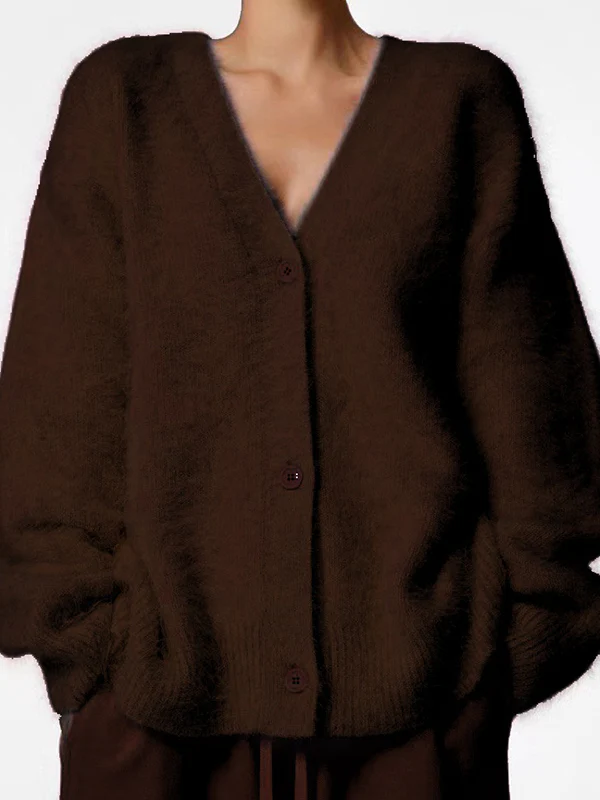 Long Sleeves Loose Buttoned Solid Color V-Neck Cardigan Tops - Image 9