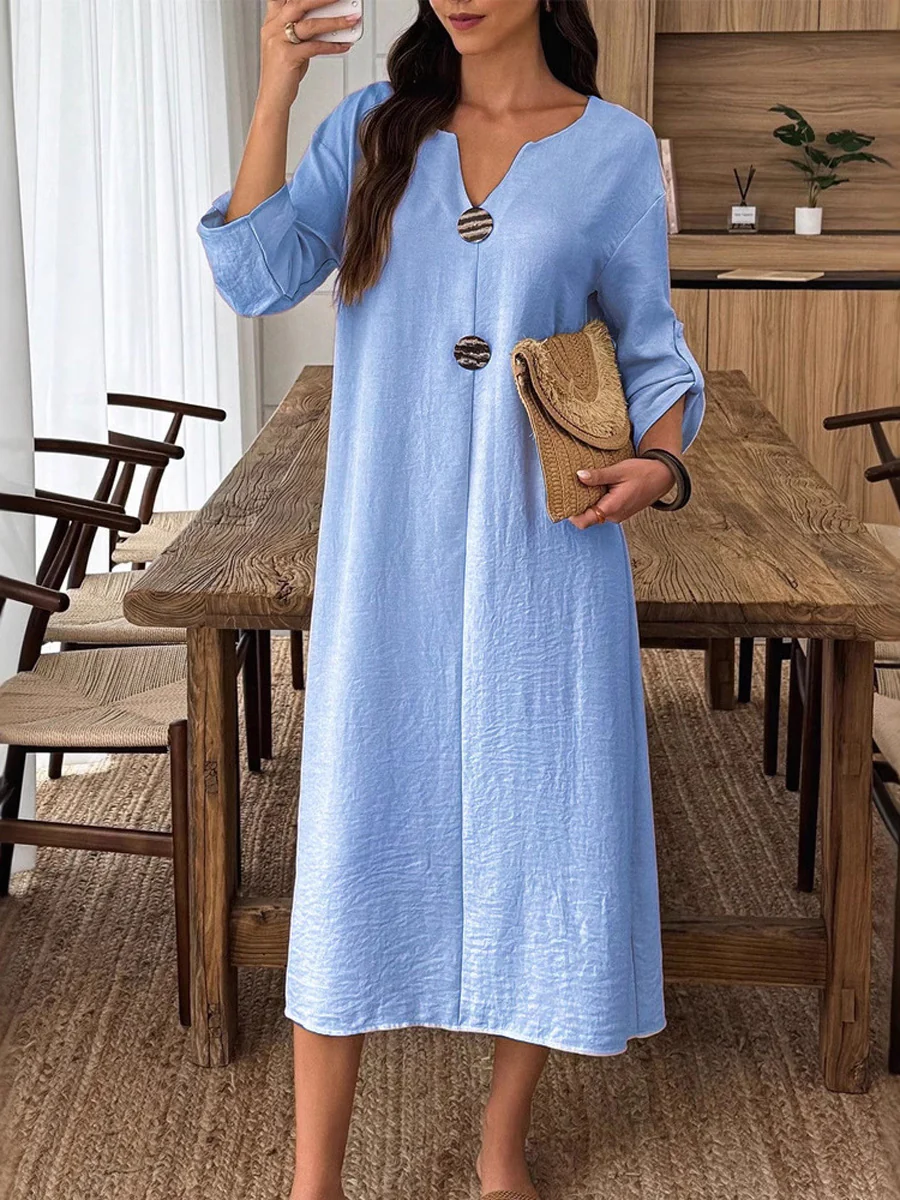 Long Sleeves Loose Buttoned Solid Color V-Neck Midi Dresses - Image 2
