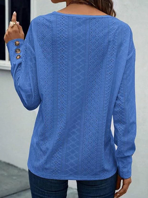 Long Sleeves Loose Buttoned Solid Color V-Neck T-Shirts Tops - Image 14