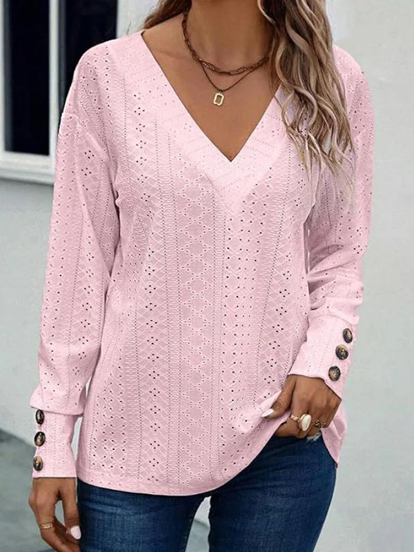 Long Sleeves Loose Buttoned Solid Color V-Neck T-Shirts Tops - Image 3