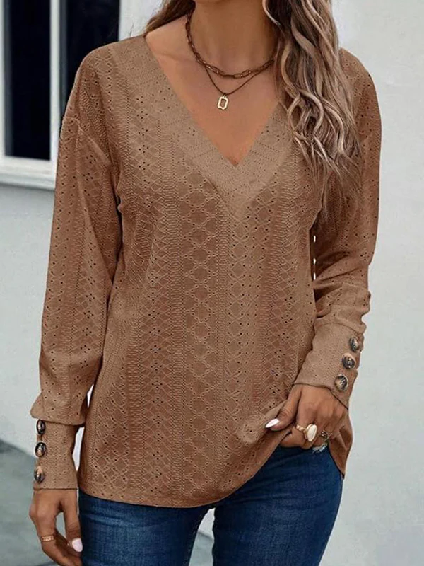 Long Sleeves Loose Buttoned Solid Color V-Neck T-Shirts Tops - Image 5