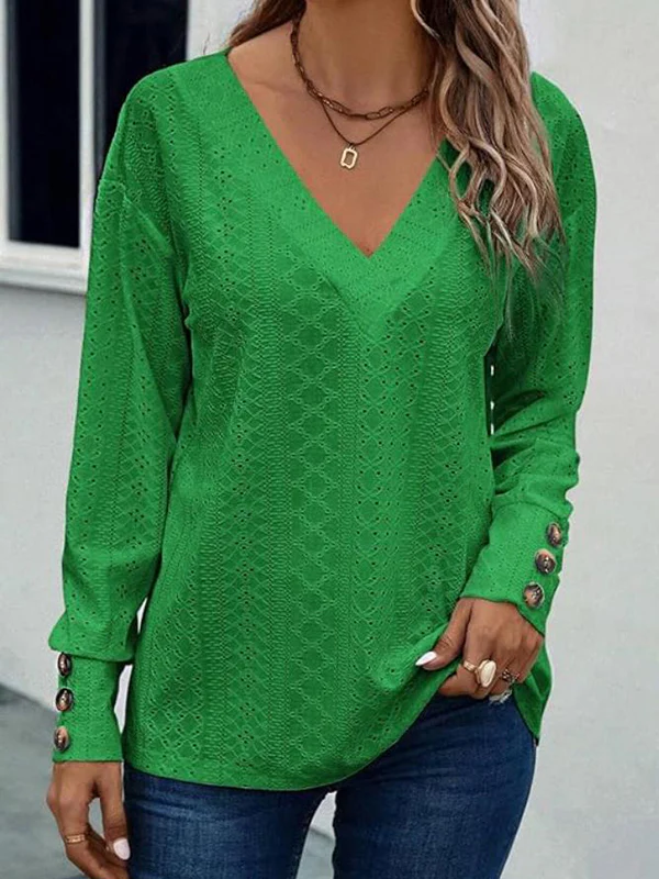Long Sleeves Loose Buttoned Solid Color V-Neck T-Shirts Tops - Image 6
