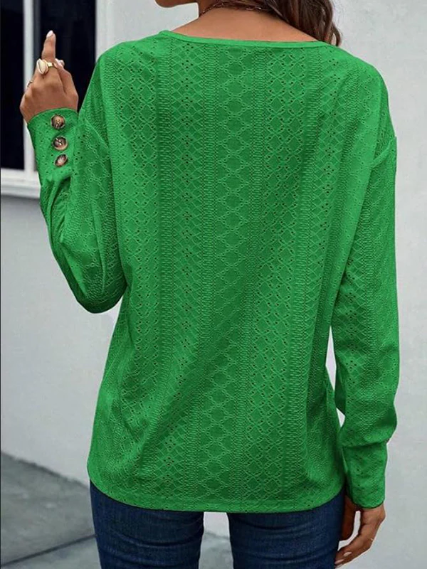 Long Sleeves Loose Buttoned Solid Color V-Neck T-Shirts Tops - Image 8