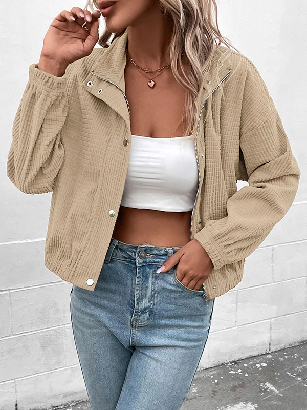 Long Sleeves Loose Buttoned Solid Color Zipper Lapel Jackets - Image 3