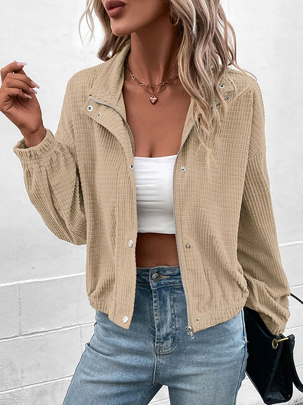 Long Sleeves Loose Buttoned Solid Color Zipper Lapel Jackets - Image 5