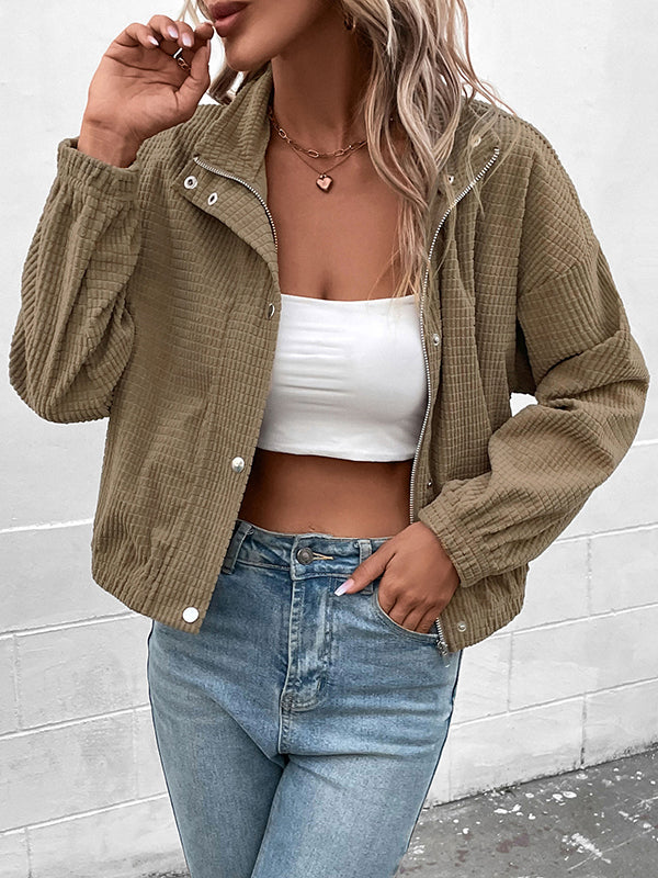 Long Sleeves Loose Buttoned Solid Color Zipper Lapel Jackets - Image 7