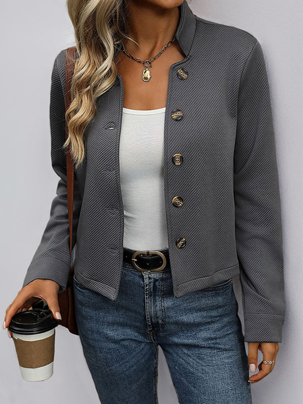 Long Sleeves Loose Buttoned Split-Joint Stand Collar Jackets Outerwear - Image 3