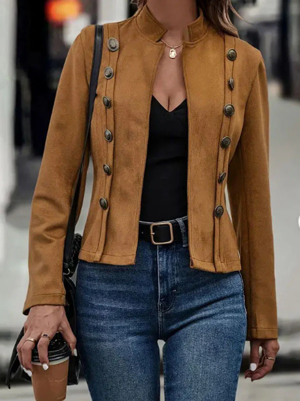 Long Sleeves Loose Buttoned Split-Joint Stand Collar Outerwear - Image 5