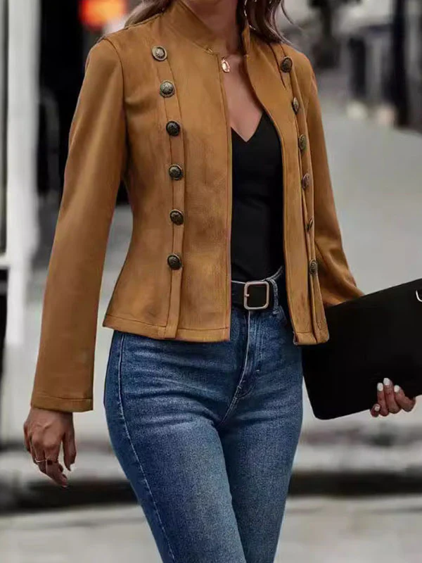 Long Sleeves Loose Buttoned Split-Joint Stand Collar Outerwear - Image 6