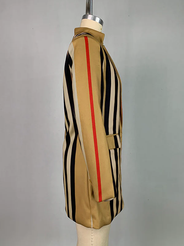 Long Sleeves Loose Buttoned Split-Joint Striped Stand Collar Woolen Coat - Image 10