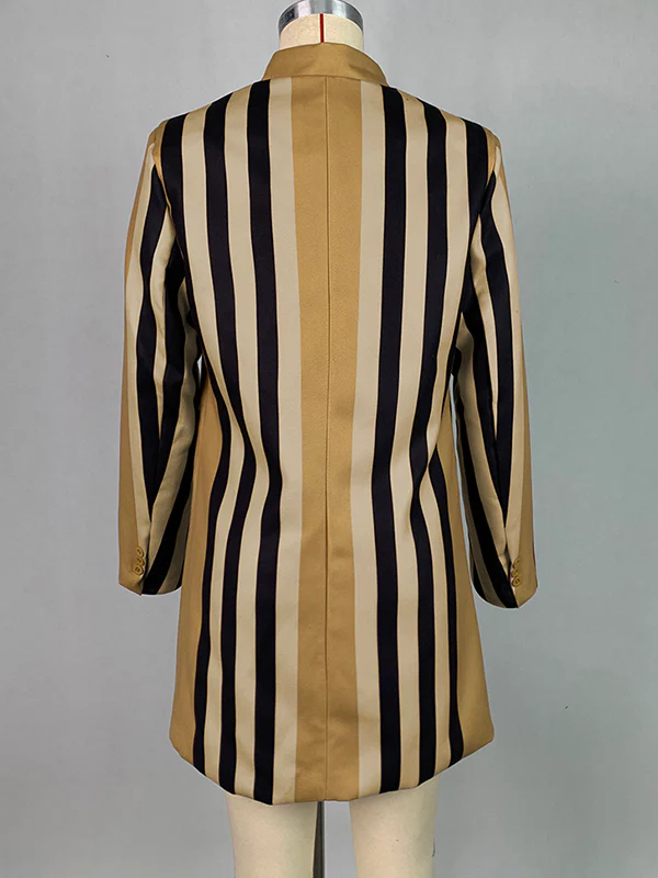 Long Sleeves Loose Buttoned Split-Joint Striped Stand Collar Woolen Coat - Image 11