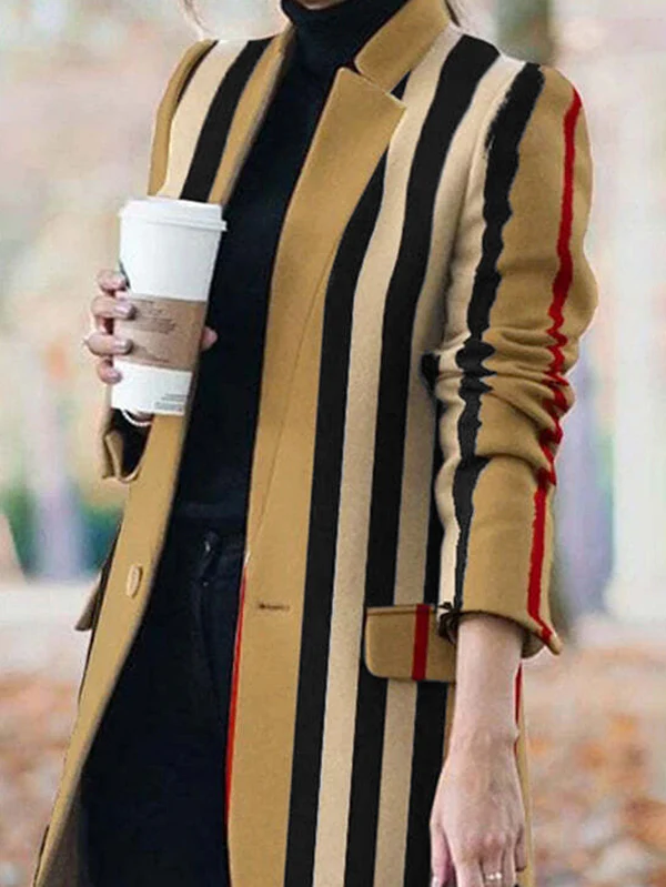 Long Sleeves Loose Buttoned Split-Joint Striped Stand Collar Woolen Coat - Image 2