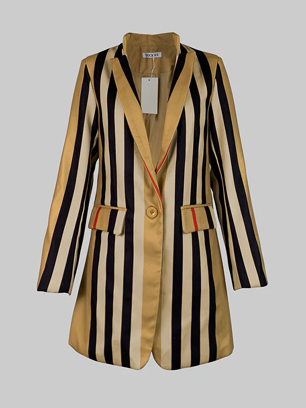 Long Sleeves Loose Buttoned Split-Joint Striped Stand Collar Woolen Coat - Image 3