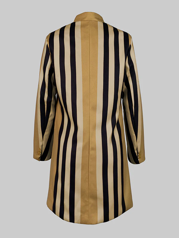 Long Sleeves Loose Buttoned Split-Joint Striped Stand Collar Woolen Coat - Image 4
