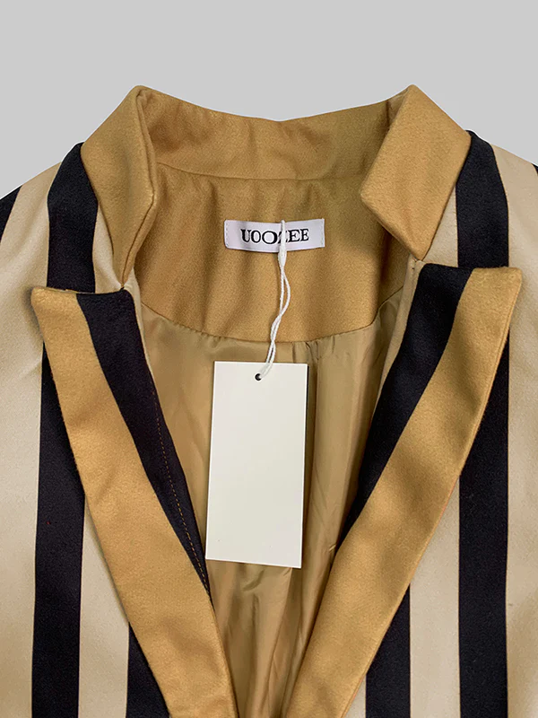 Long Sleeves Loose Buttoned Split-Joint Striped Stand Collar Woolen Coat - Image 6