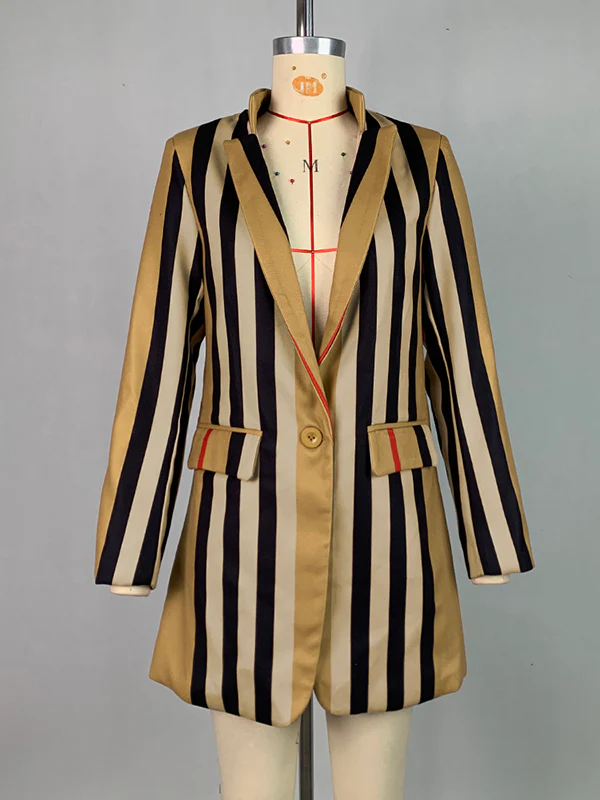 Long Sleeves Loose Buttoned Split-Joint Striped Stand Collar Woolen Coat - Image 9