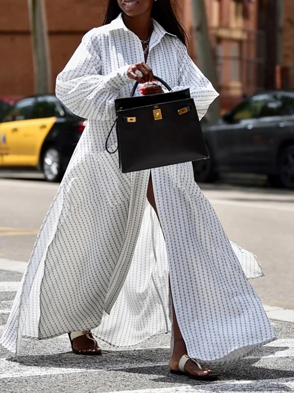 Long Sleeves Loose Buttoned Split-Side Striped Lapel Maxi Dresses Shirt Dress - Image 2