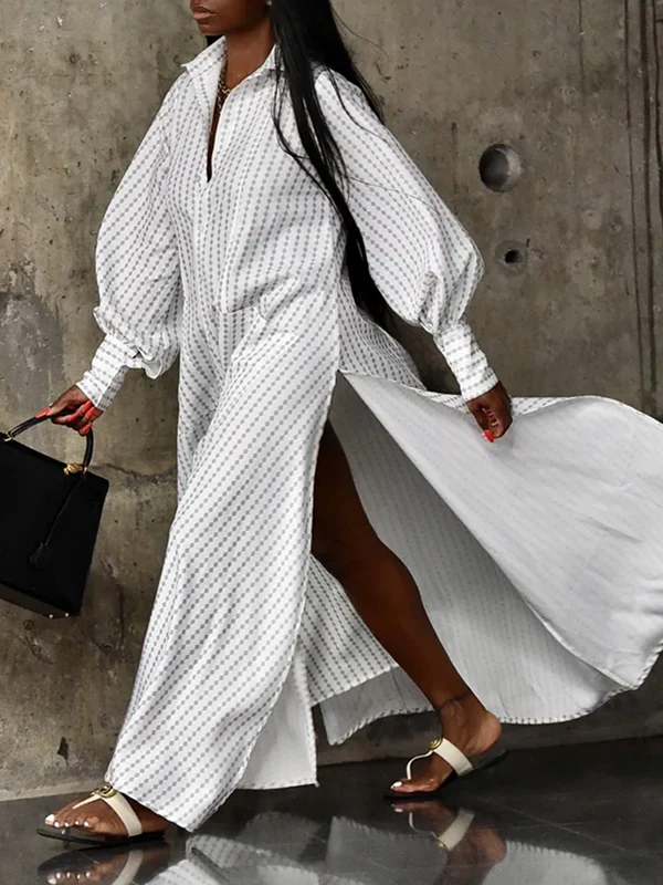 Long Sleeves Loose Buttoned Split-Side Striped Lapel Maxi Dresses Shirt Dress - Image 4