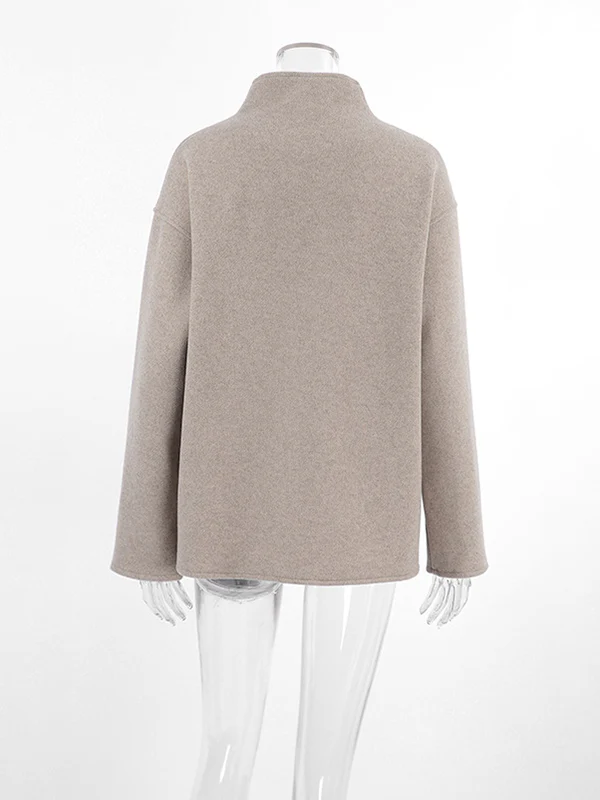 Long Sleeves Loose Buttoned Stand Collar Woolen Coat - Image 10