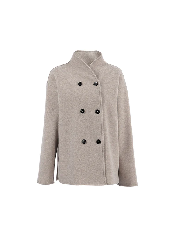 Long Sleeves Loose Buttoned Stand Collar Woolen Coat - Image 11