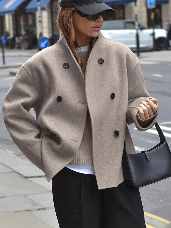 Long Sleeves Loose Buttoned Stand Collar Woolen Coat - Image 2