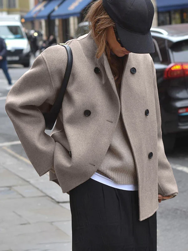 Long Sleeves Loose Buttoned Stand Collar Woolen Coat - Image 3