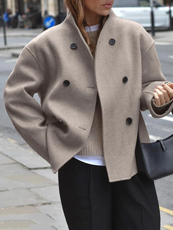 Long Sleeves Loose Buttoned Stand Collar Woolen Coat - Image 4