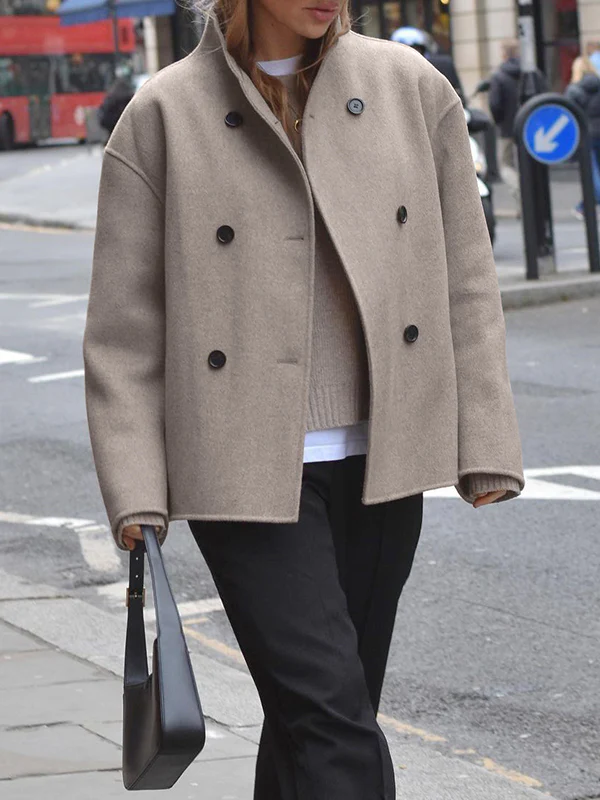 Long Sleeves Loose Buttoned Stand Collar Woolen Coat - Image 5