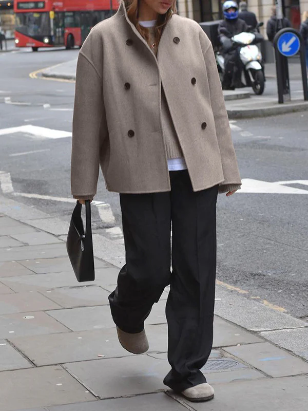 Long Sleeves Loose Buttoned Stand Collar Woolen Coat - Image 6