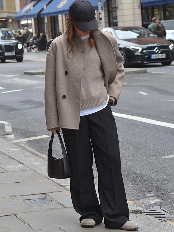 Long Sleeves Loose Buttoned Stand Collar Woolen Coat - Image 7