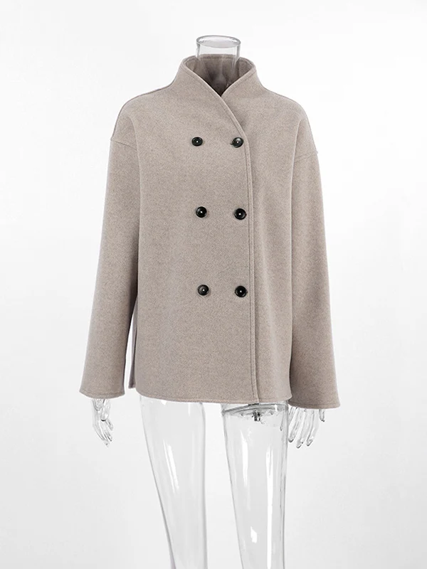 Long Sleeves Loose Buttoned Stand Collar Woolen Coat - Image 8