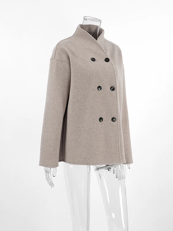Long Sleeves Loose Buttoned Stand Collar Woolen Coat - Image 9