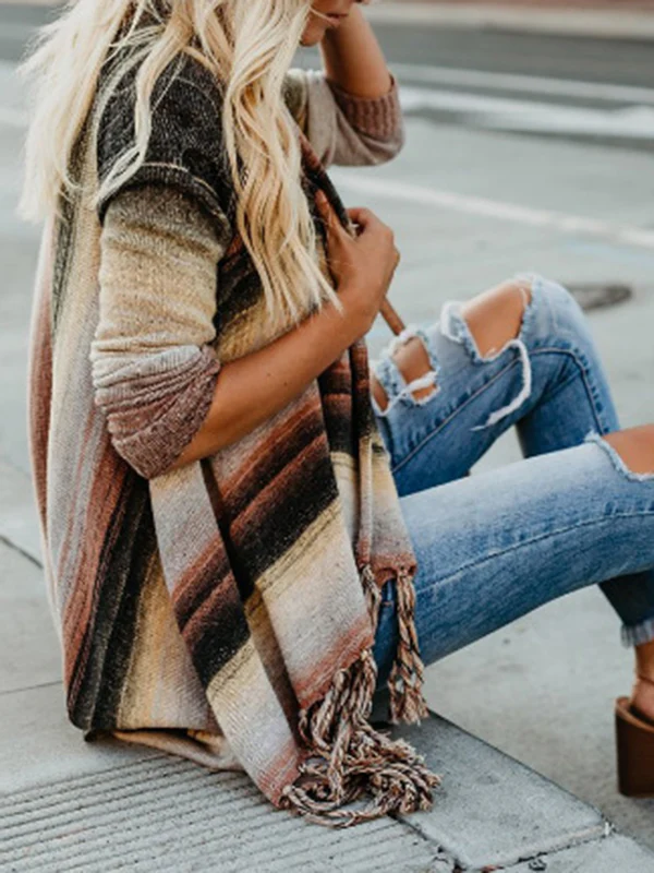 Long Sleeves Loose Buttoned Striped Tasseled Heaps Collar Cardigan Tops - Image 3