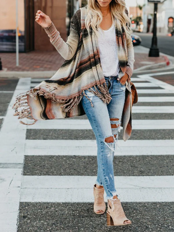 Long Sleeves Loose Buttoned Striped Tasseled Heaps Collar Cardigan Tops - Image 4