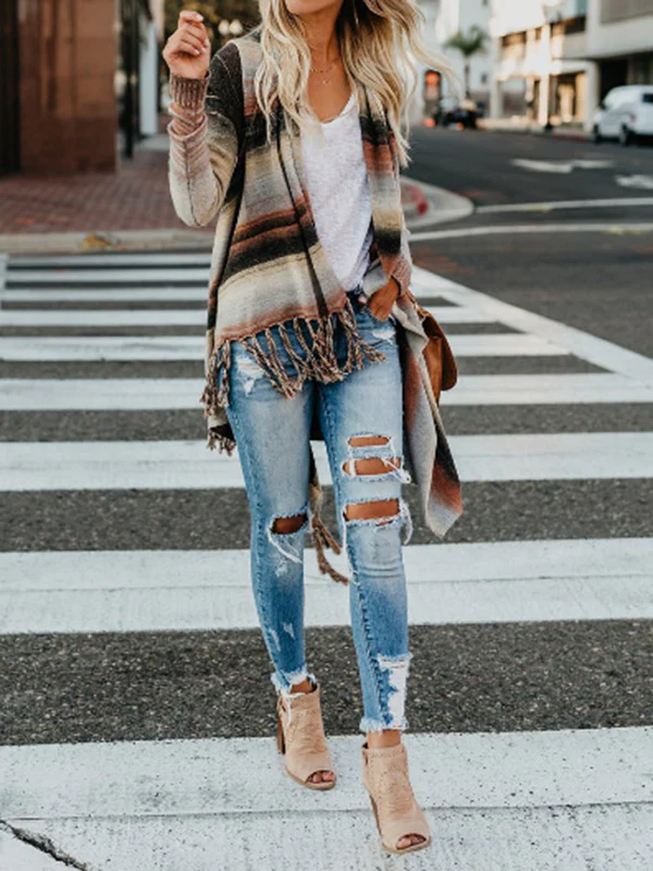 Long Sleeves Loose Buttoned Striped Tasseled Heaps Collar Cardigan Tops - Image 5