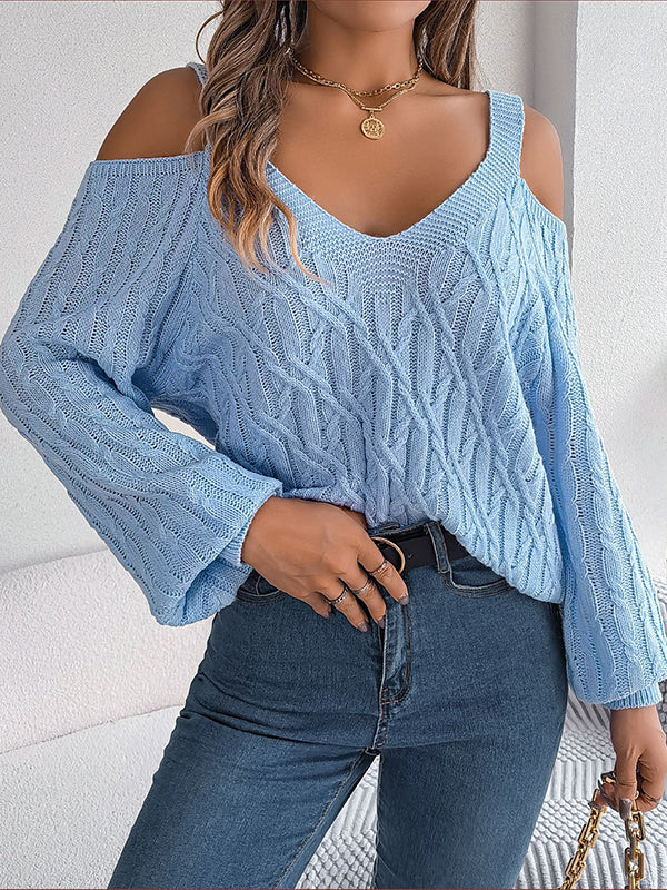 Long Sleeves Loose Cable Knit Solid Color Cold Shoulder Sweater Tops - Image 13