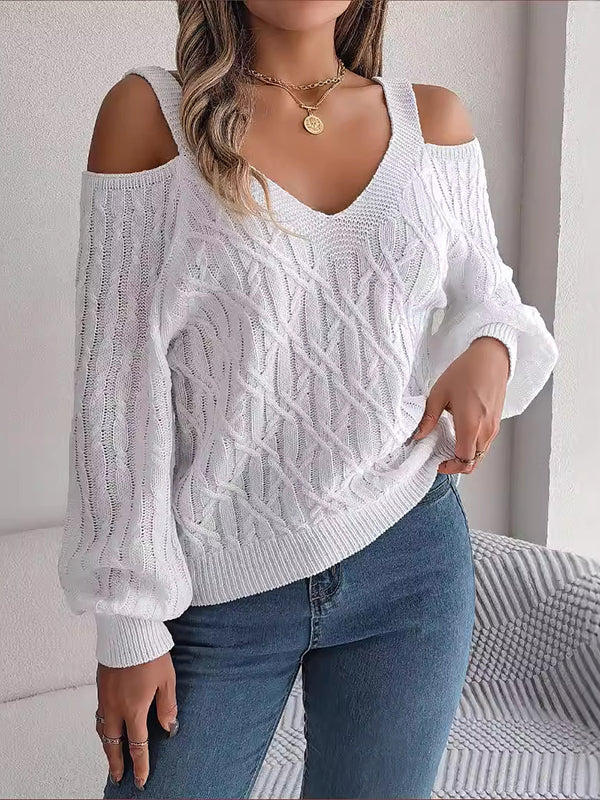 Long Sleeves Loose Cable Knit Solid Color Cold Shoulder Sweater Tops - Image 2