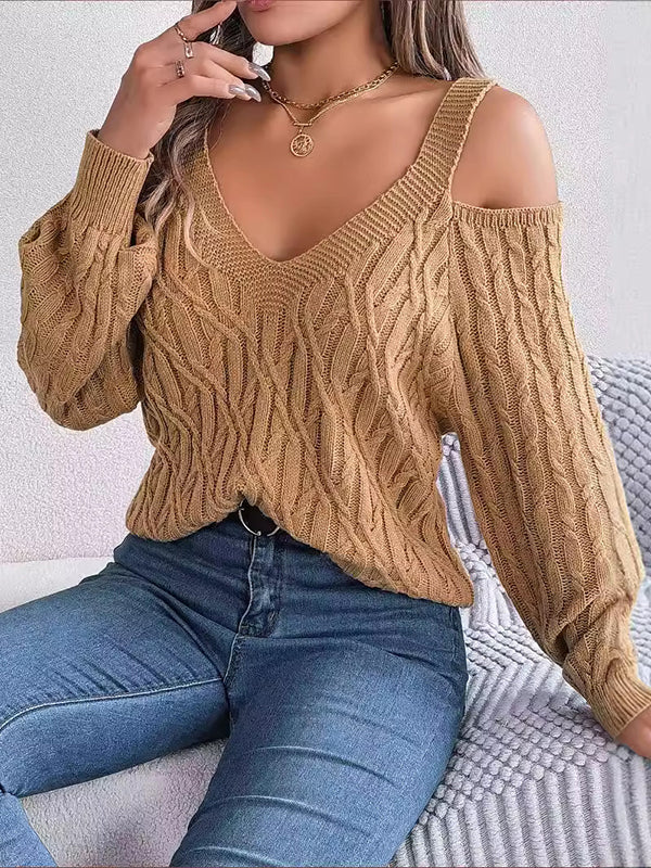 Long Sleeves Loose Cable Knit Solid Color Cold Shoulder Sweater Tops - Image 9