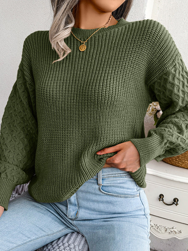 Long Sleeves Loose Cable Knit Solid Color Round-Neck Sweater Tops - Image 10