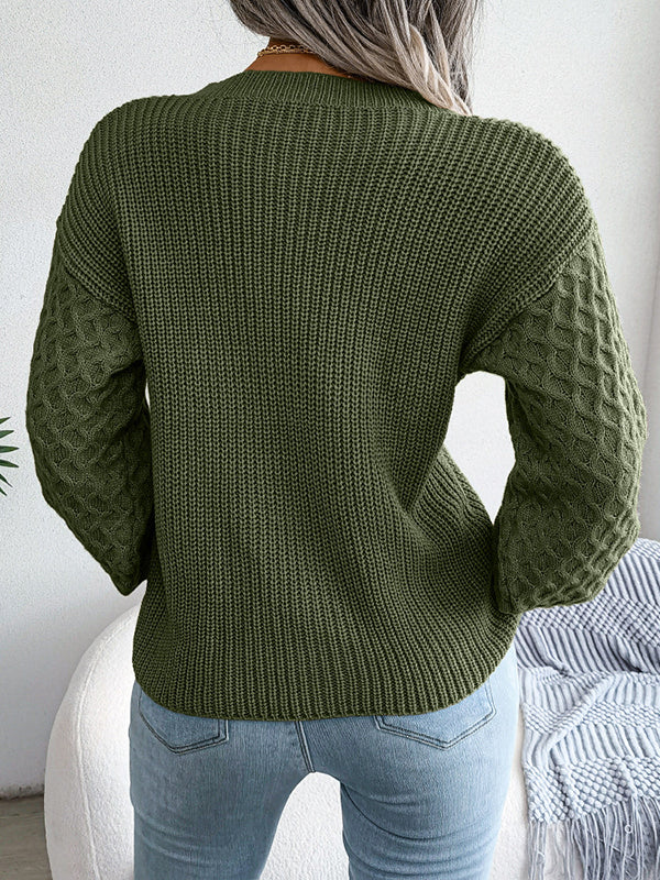Long Sleeves Loose Cable Knit Solid Color Round-Neck Sweater Tops - Image 11