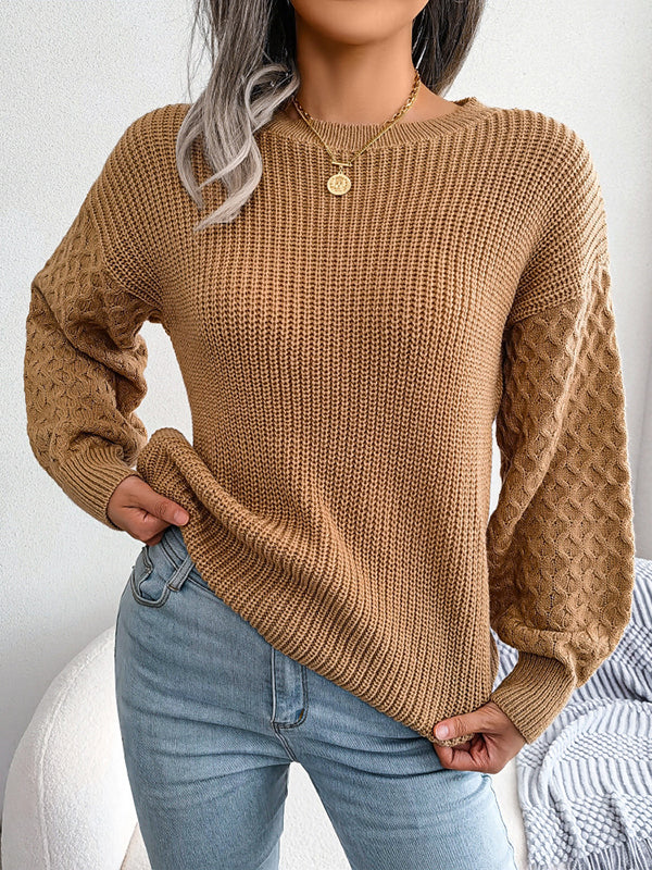 Long Sleeves Loose Cable Knit Solid Color Round-Neck Sweater Tops - Image 12