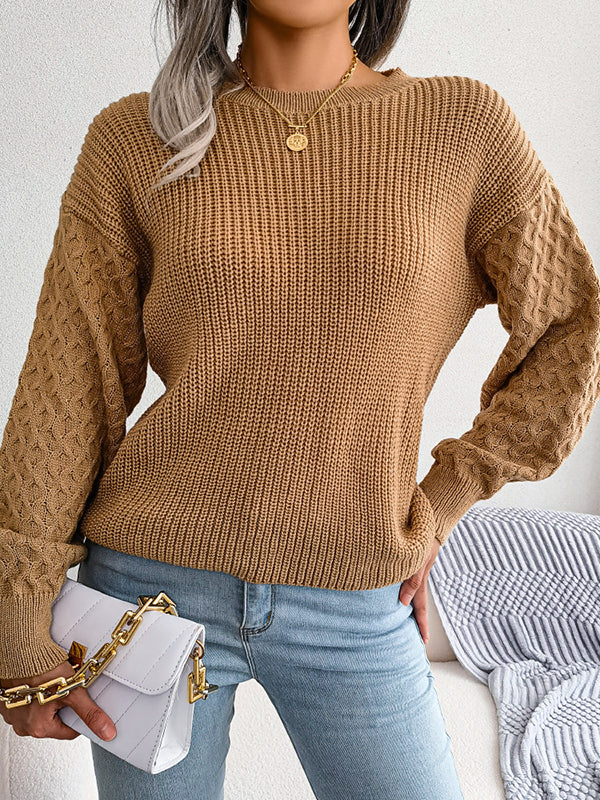 Long Sleeves Loose Cable Knit Solid Color Round-Neck Sweater Tops - Image 13