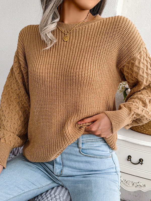 Long Sleeves Loose Cable Knit Solid Color Round-Neck Sweater Tops - Image 14