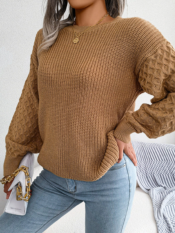 Long Sleeves Loose Cable Knit Solid Color Round-Neck Sweater Tops - Image 15