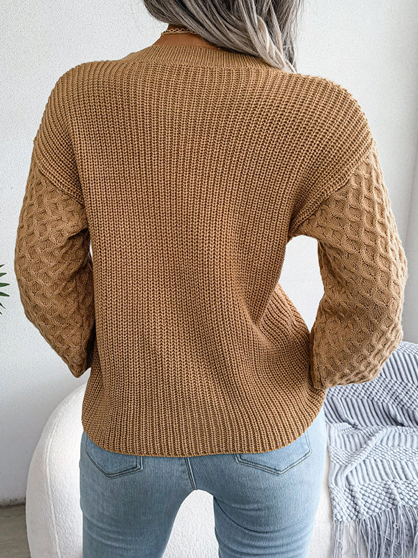 Long Sleeves Loose Cable Knit Solid Color Round-Neck Sweater Tops - Image 16