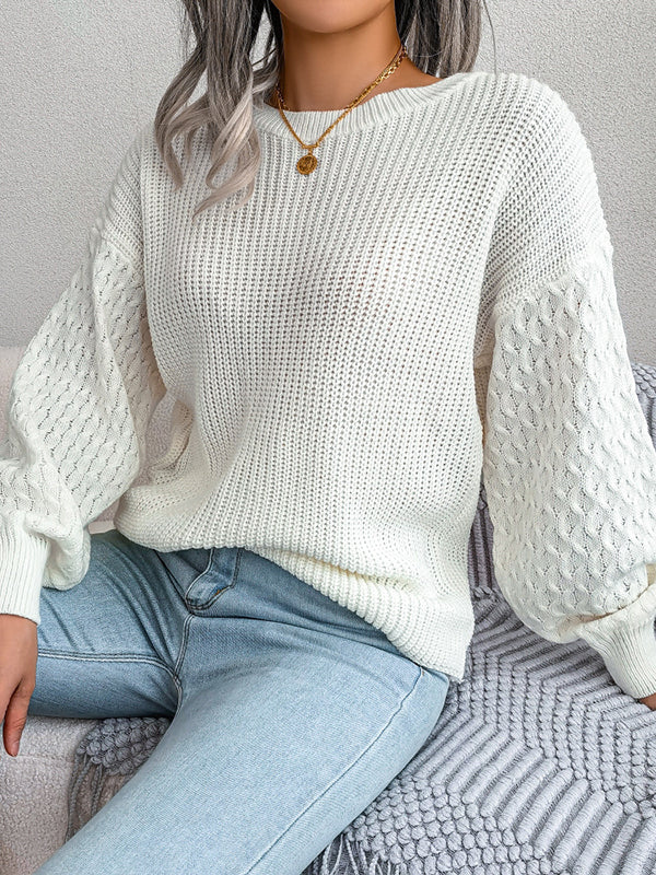 Long Sleeves Loose Cable Knit Solid Color Round-Neck Sweater Tops - Image 4