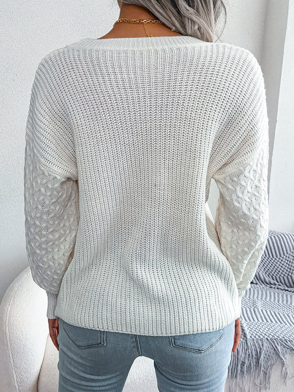 Long Sleeves Loose Cable Knit Solid Color Round-Neck Sweater Tops - Image 5