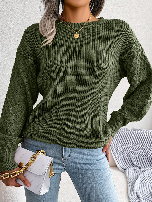 Long Sleeves Loose Cable Knit Solid Color Round-Neck Sweater Tops - Image 6